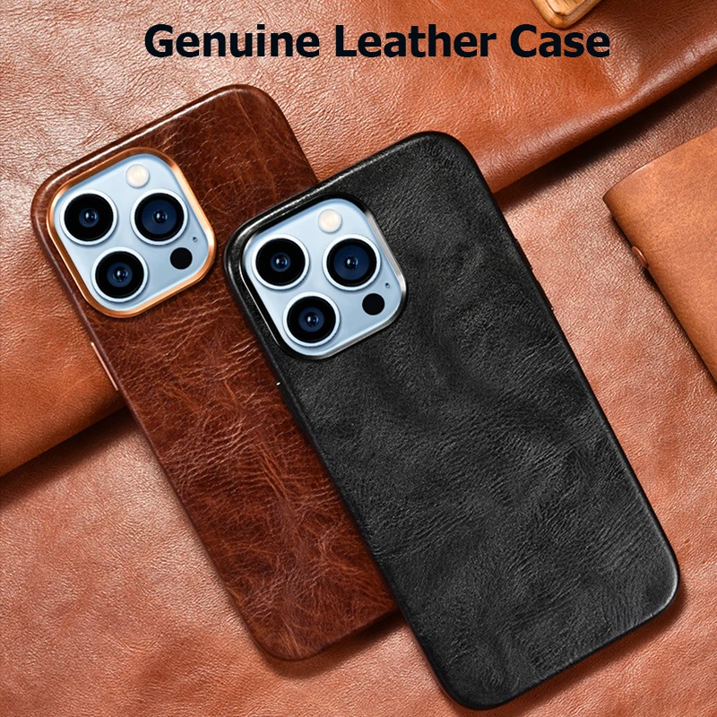 

Genuine Leather Case for iPhone 14 Pro Max Vintage Real Skin Luxury Phone Back Cover for iPhone 14 Plus Business Men