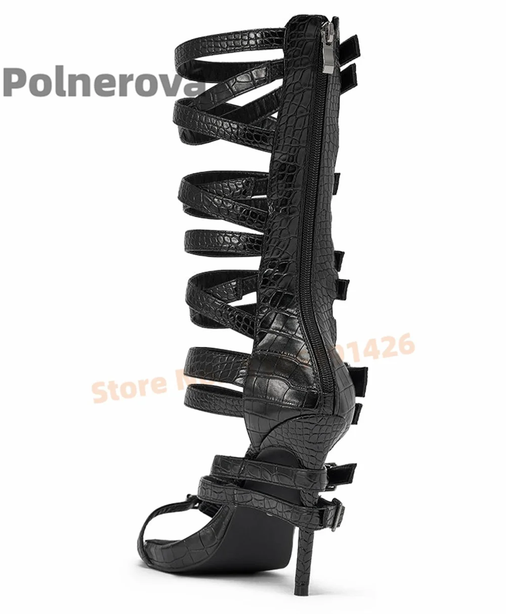 Women's Black Crocodile Buckle Strap Gladiator Sandals Open Round Toe Stiletto High Heels Summer Boots Back Zip Runway Shoes