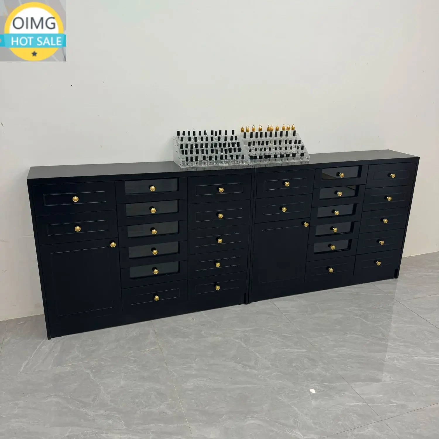 Nail Polish Glue Locker Black Nail Salon Display Cabinet with Floor Drawer Storage for Nail Tables