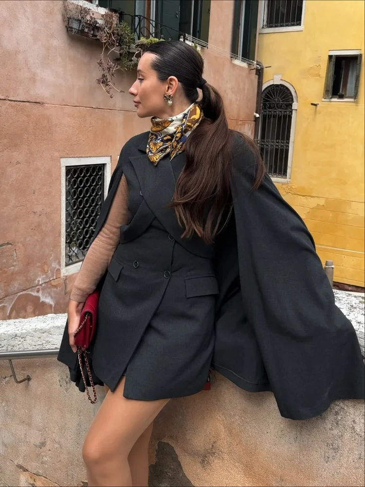 

Women Solid Color Waist Cinched Suit Cloak Dress Fashion Short Sleeved Double Breasted Mini Dresses Lady Commute Street Outwear