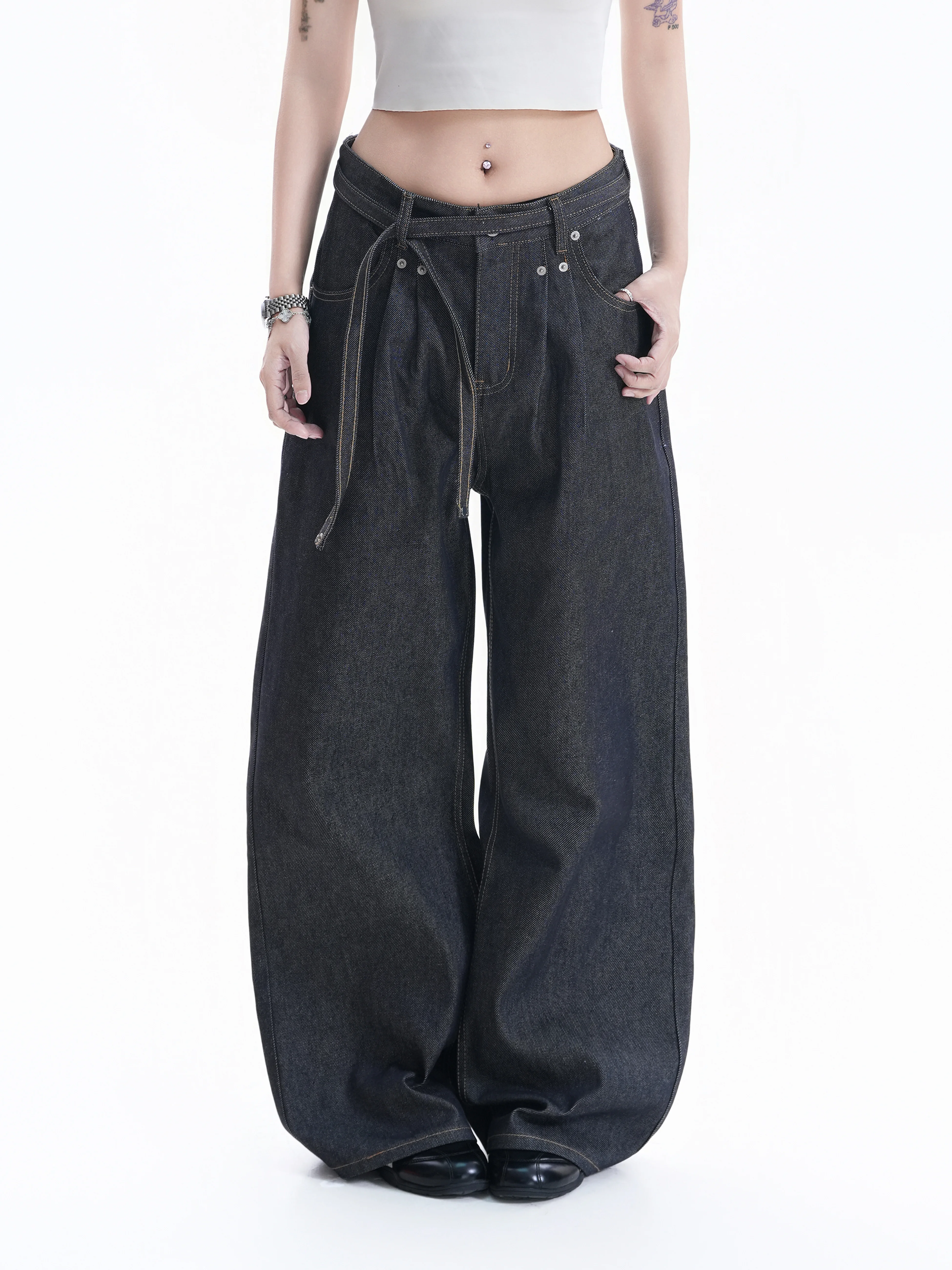 

American Style Spicy Girl Wide Leg Denim Jeans Women's Slimming Neutral All-Match Drapey Belted Floor-Length Pants