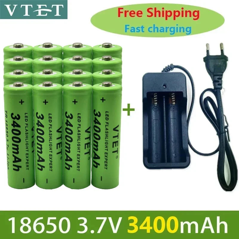 2024 Battery Rechargeable Battery 3.7V 18650 3400mAh  Li-ion Rechargeable Battery for Flashlight Torch Battery+Charger