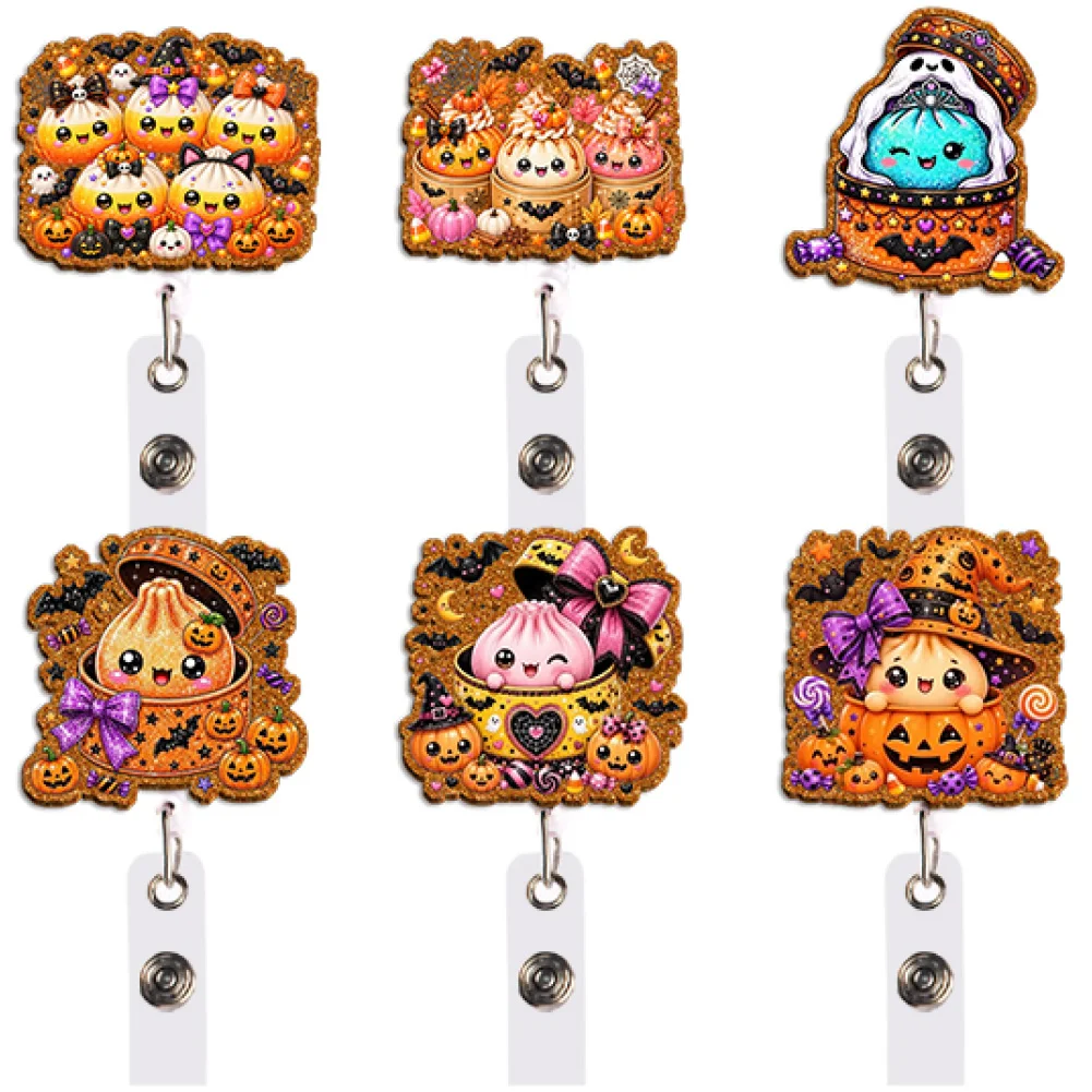 Cute Pumpkin Badge Reel Retractable ID Holder Halloween Bow Witch Hat Spooky Gift for Party Cosplay Concert Festival