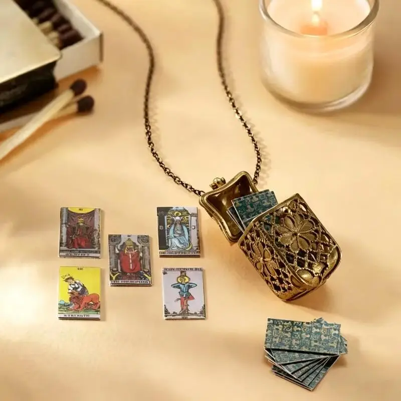 Tiny Divination Card Locket Necklace With 22 Mini - Colorful Cards In Cage Pendant Steampunk Witch Spiritual Jewelry Gift
