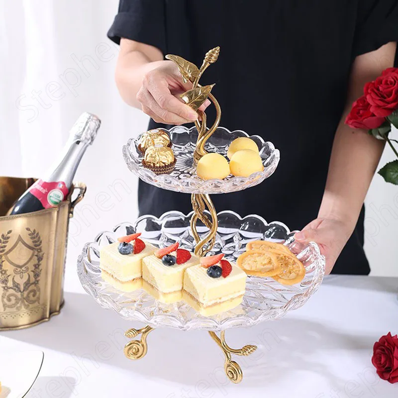 European Crystal Glass Brass Double Cake Stand Luxury Classic Afternoon Tea Dessert Display Rack Fruit Tray Living Room Decor