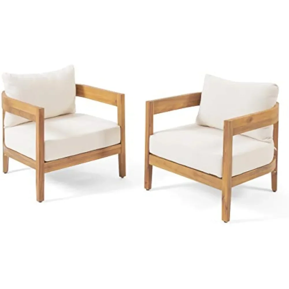 Outdoor Club Chair with Cushions (Set of 2), Teak Finish, Beige