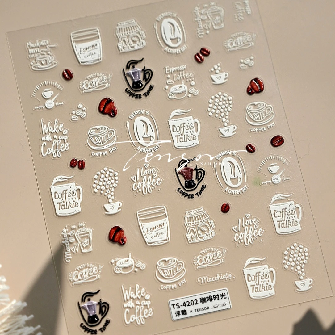 Chicchi di caffè marroni Tazza bianca Stella Bowknot Personaggio Cibo Pane Biscotti Dessert Forchetta Stripe Pizza Nail Art Sticker Decalcomania per manicure