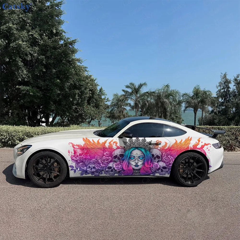 2pcs Sugar Skull Makeup Queen Crown Car Side Wraps, Self-Adhesive PVC Waterproof & Scratch-Resistant Sticker, Car Accessory Gift