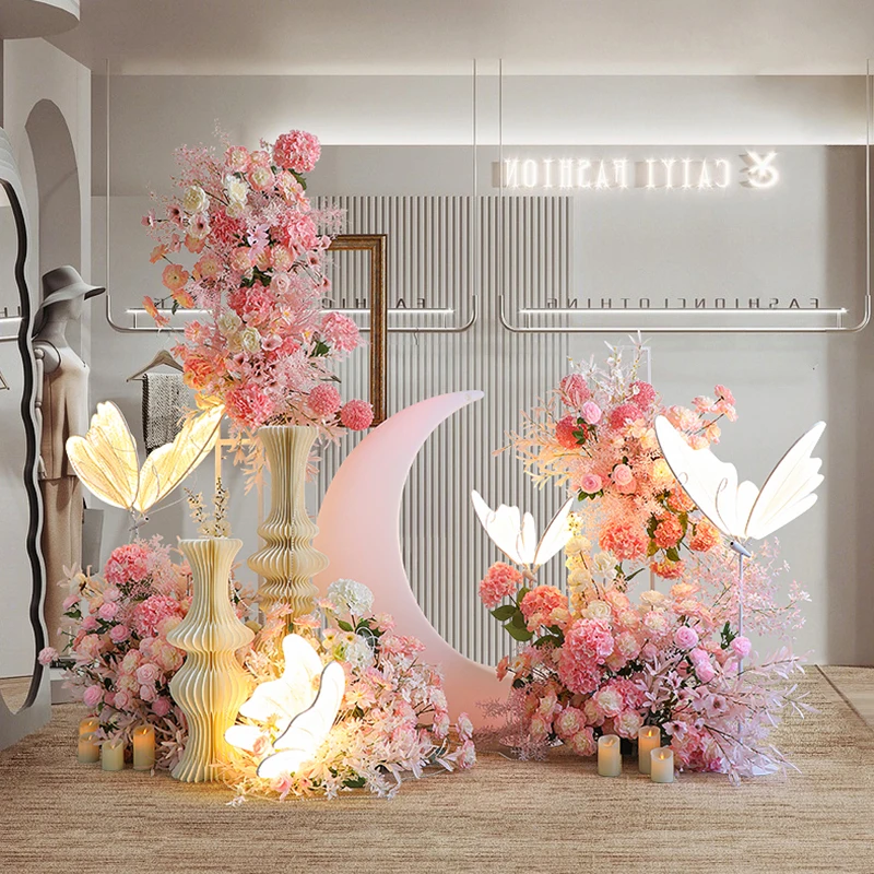 Luxury Pink Series Wedding Event FloralArrangement Wall Arch Hang Flower Row Party Centerpiece Deco Stage Road Lead Floor Flower