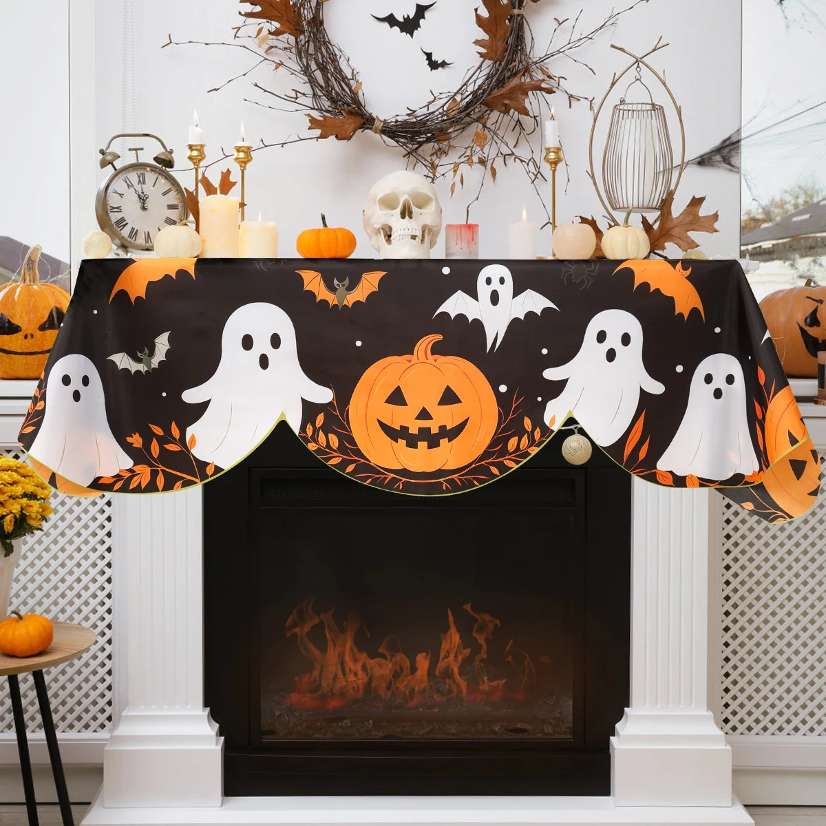 

Halloween Indoor Fireplace Mantel Scarf Black and Orange Pumpkin Bat Fireplace Cover for Halloween Party Decor Festive Supplies