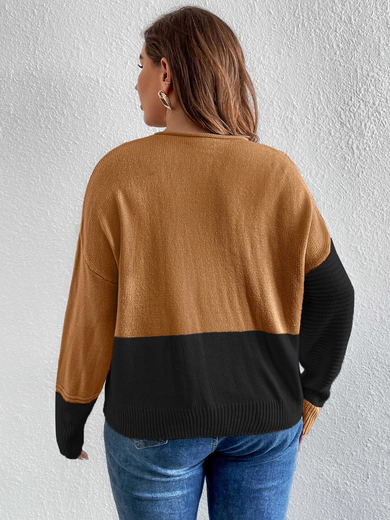 Europe and the United States large size women's sweater casual loose knit shirt color long-sleeved crew-neck knitted top