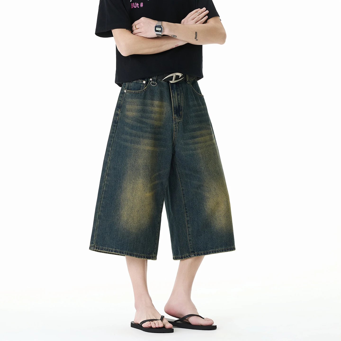 Calças jeans retrô de verão com lavagem desgastada, modelo cropped, para homens e mulheres, com corte reto, soltas, resistentes ao desgaste, jeans cas