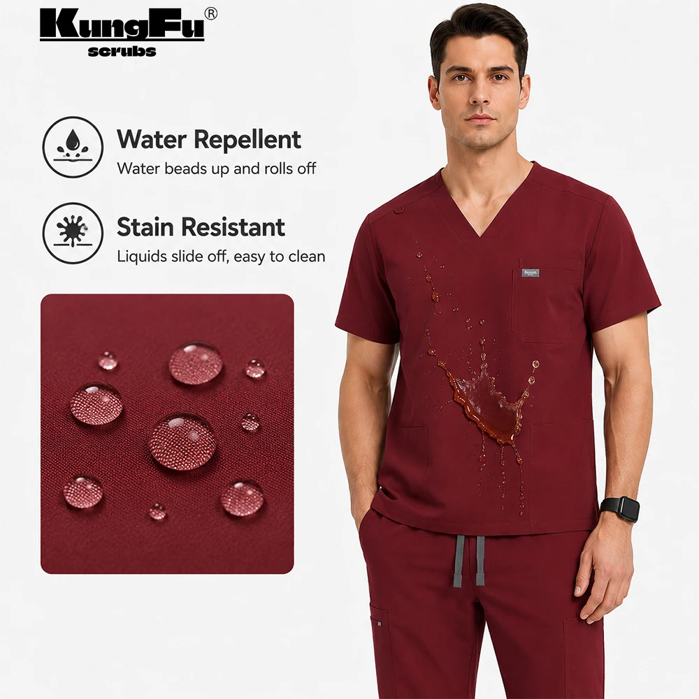 KUNGFU SCRUBS Mens Medical Uniform Nurse Scrubs Set Burgundy T-shirt Pants Stretch Scrubs Soft Breathable Healthcare Workwear