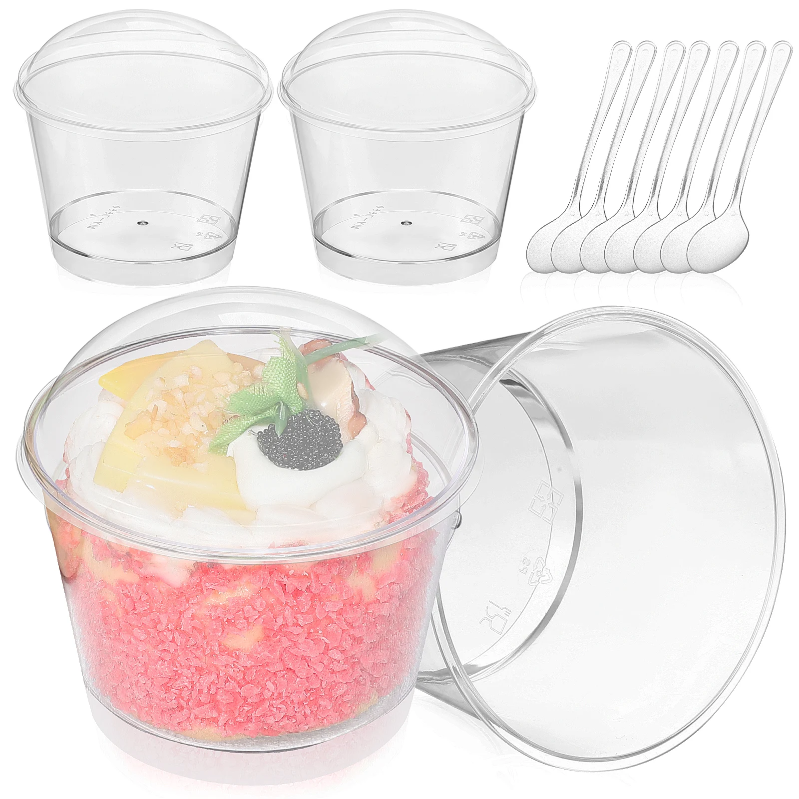 

50 Pcs Dessert Cup Set 140ml Plastic Containers Dome Lid Spoons Clear Reusable Freezable Small Cups for Yogurt Mousse Fruit