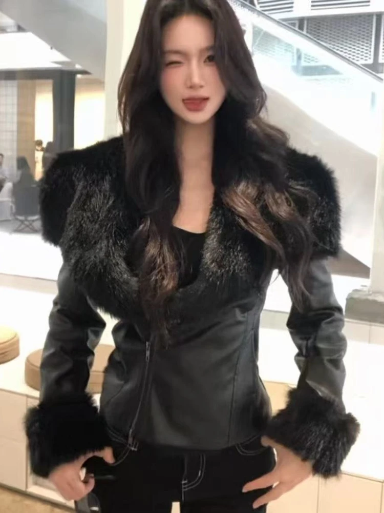 Women Black Gothic Vintage Hooded Leather Coat Harajuku Printed Jacket Y2K Aesthetic Grunge Subculture Cute Streetwear Top Chic