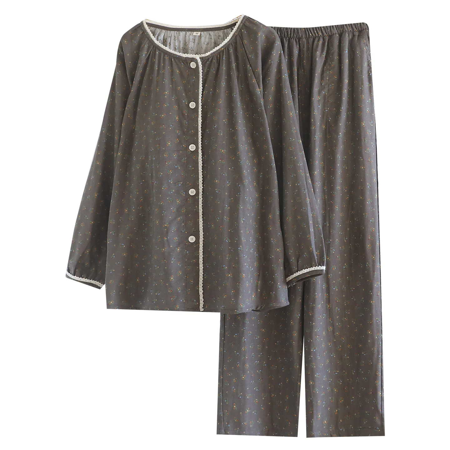 

Весенне-осенний женский пижамный комплект с круглым вырезом, хлопковый, с цветочным принтом, с длинными рукавами, из двух предметов, для дома