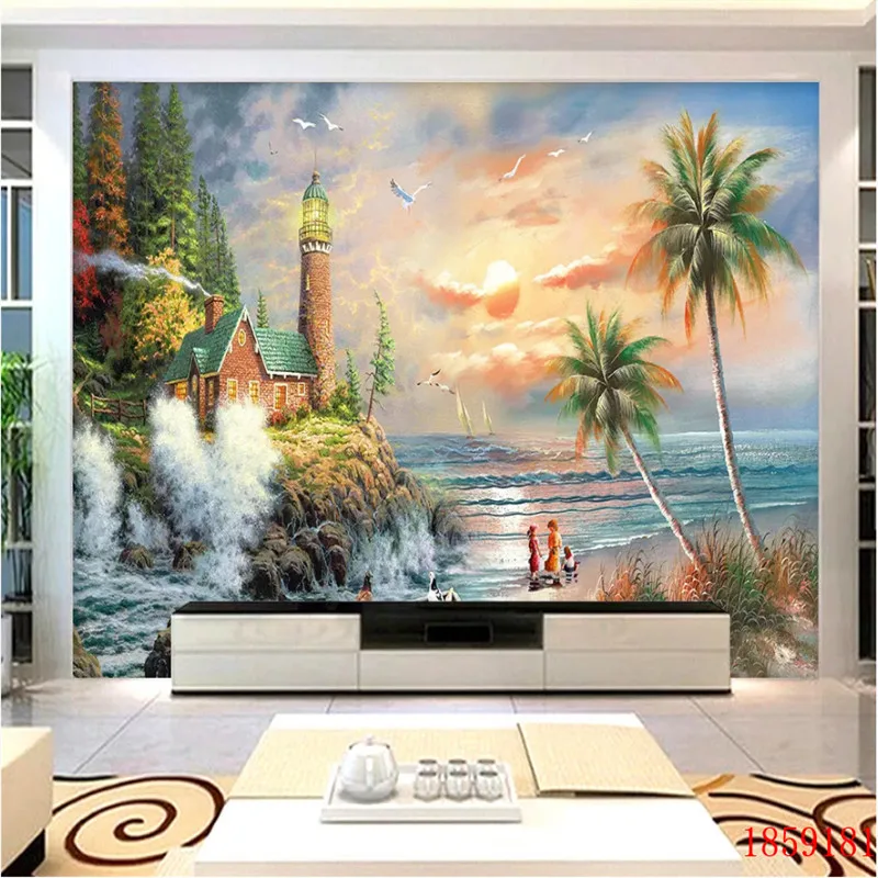 

European Style House Thomas Landscape Mural Wall Paper 3D Sea Coconut Trees Oil Painting 3D Photo Wallpapers for Living Room