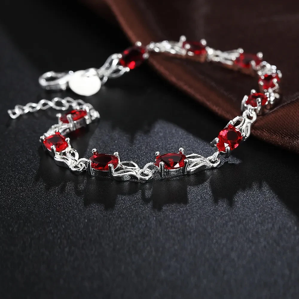 Hot new 925 Sterling silver Bracelets for women Wild red crystal chain fashion lady Wedding party Christmas gifts Jewelry