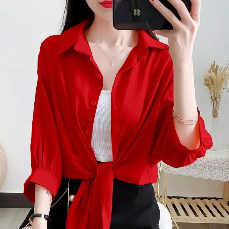 Fashion Lapel Button Solid Color All-match Bandage Bow Shirt Female Clothing 2024 Summer New Casual Tops Oversized Korean Blouse