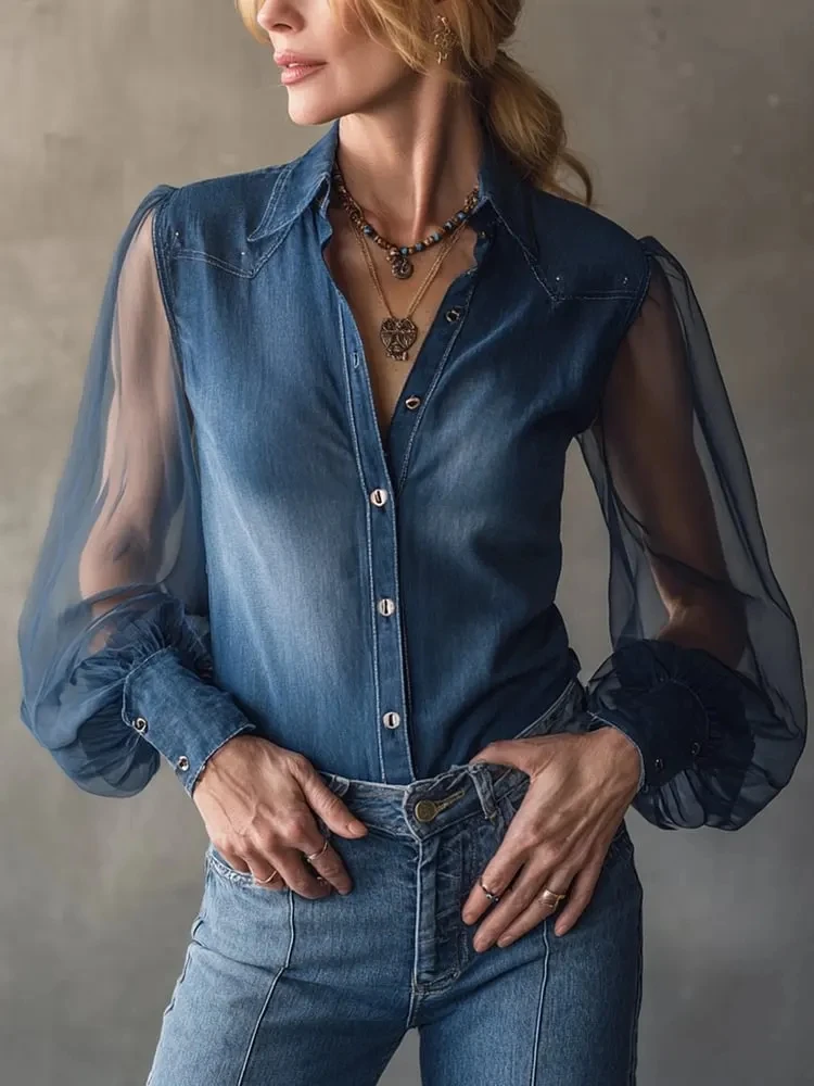 

Женская винтажная джинсовая блузка с длинным рукавом, отложным воротником, на пуговицах, с прозрачными рукавами, для офиса, повседневная, уличный стиль, шикарная, летняя
