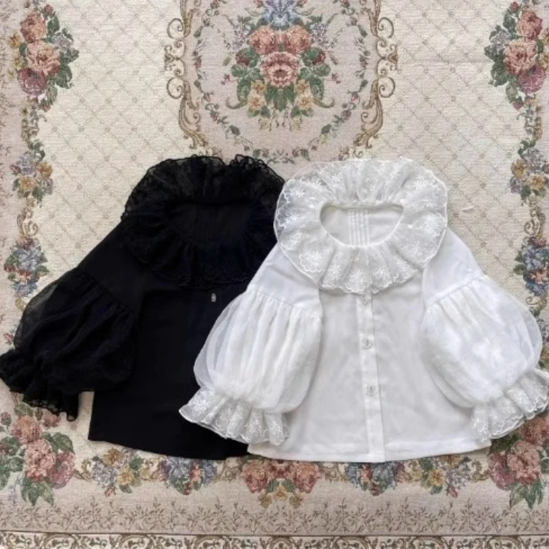 

Ins Handmade Girls Spring and Autumn Sweet Lace Collar Long Sleeve Shirt Lolita Bottom Lace Quality Shirt Doll EID Shirt