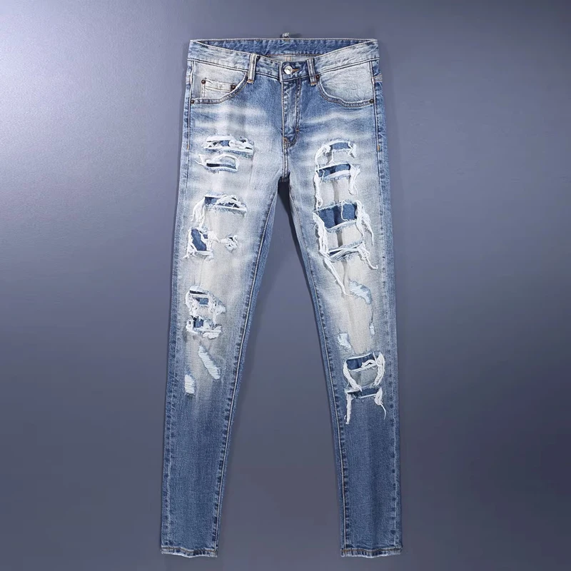 

Y2K High Street Designer Fashion Men Jeans Retro Blue Stretch Slim Fit Hole Patched Ripped Jeans Men Hip Hop Brand Denim Pants