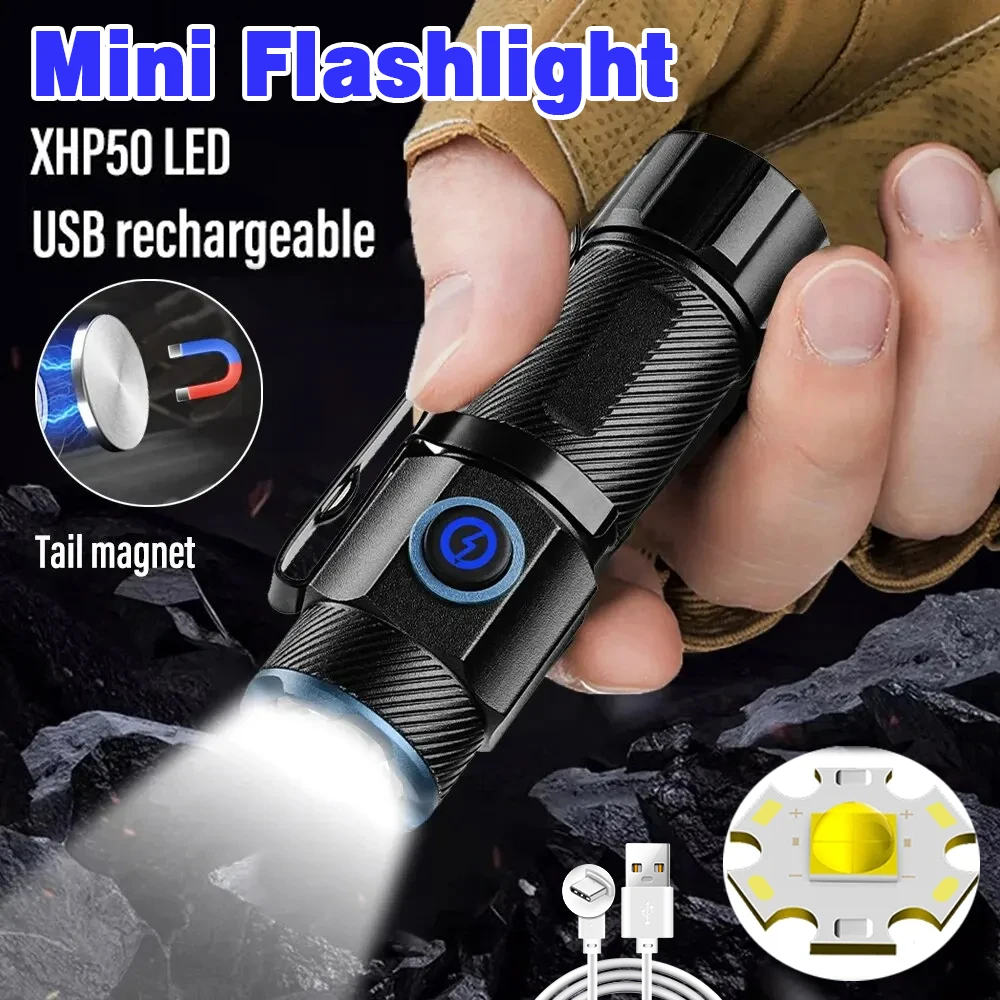 10000LM Powerful EDC Flashlight XHP50 Mini LED Magnetic Torch 16340 Battery with Hat Clip Rechargeable Camping Fishing Lantern