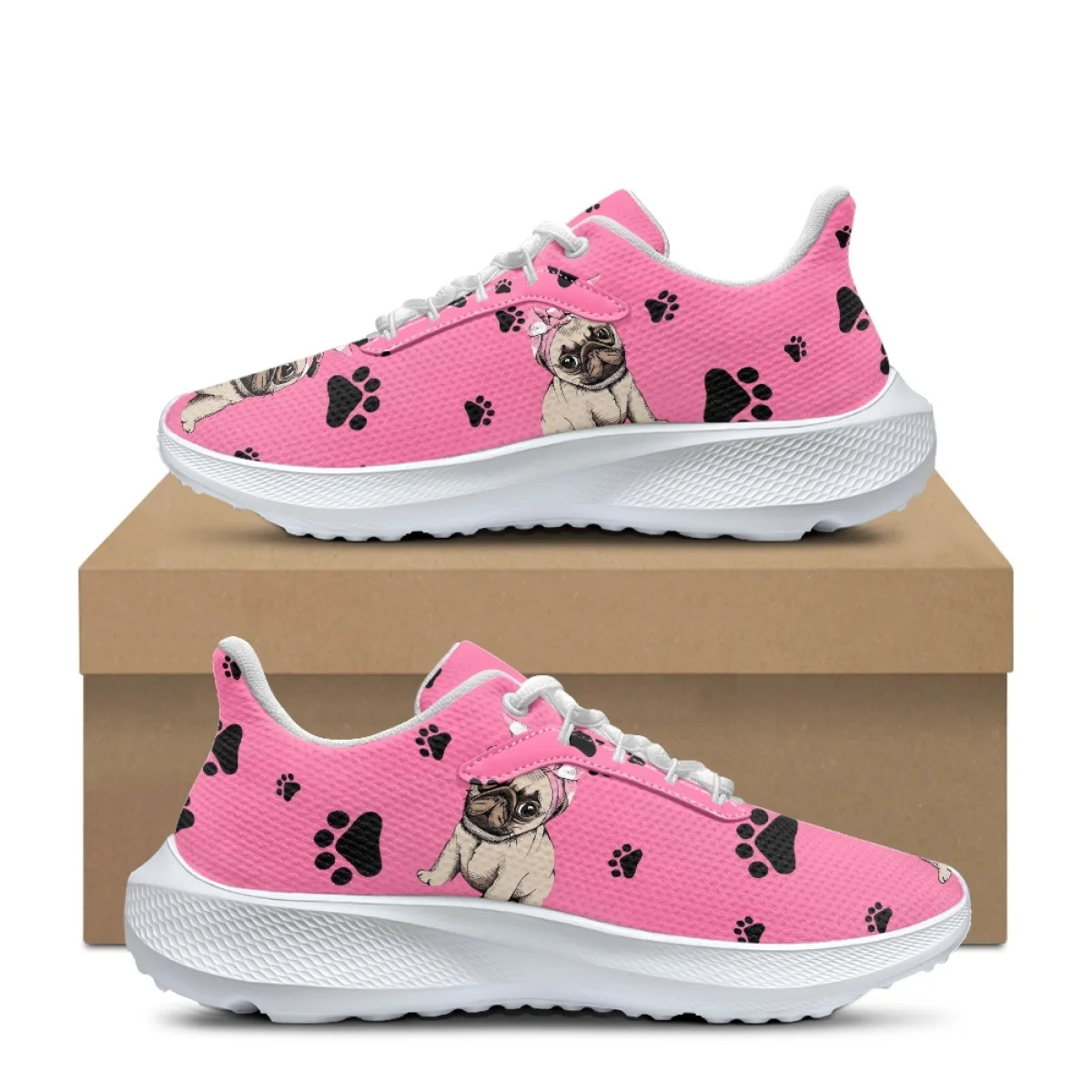 

Cute Cartoon Pug Pattern Print Sneakers for Women Classic Lace Up Wear-resistant Running Shoes Vulcanized Casual Sports Shoes