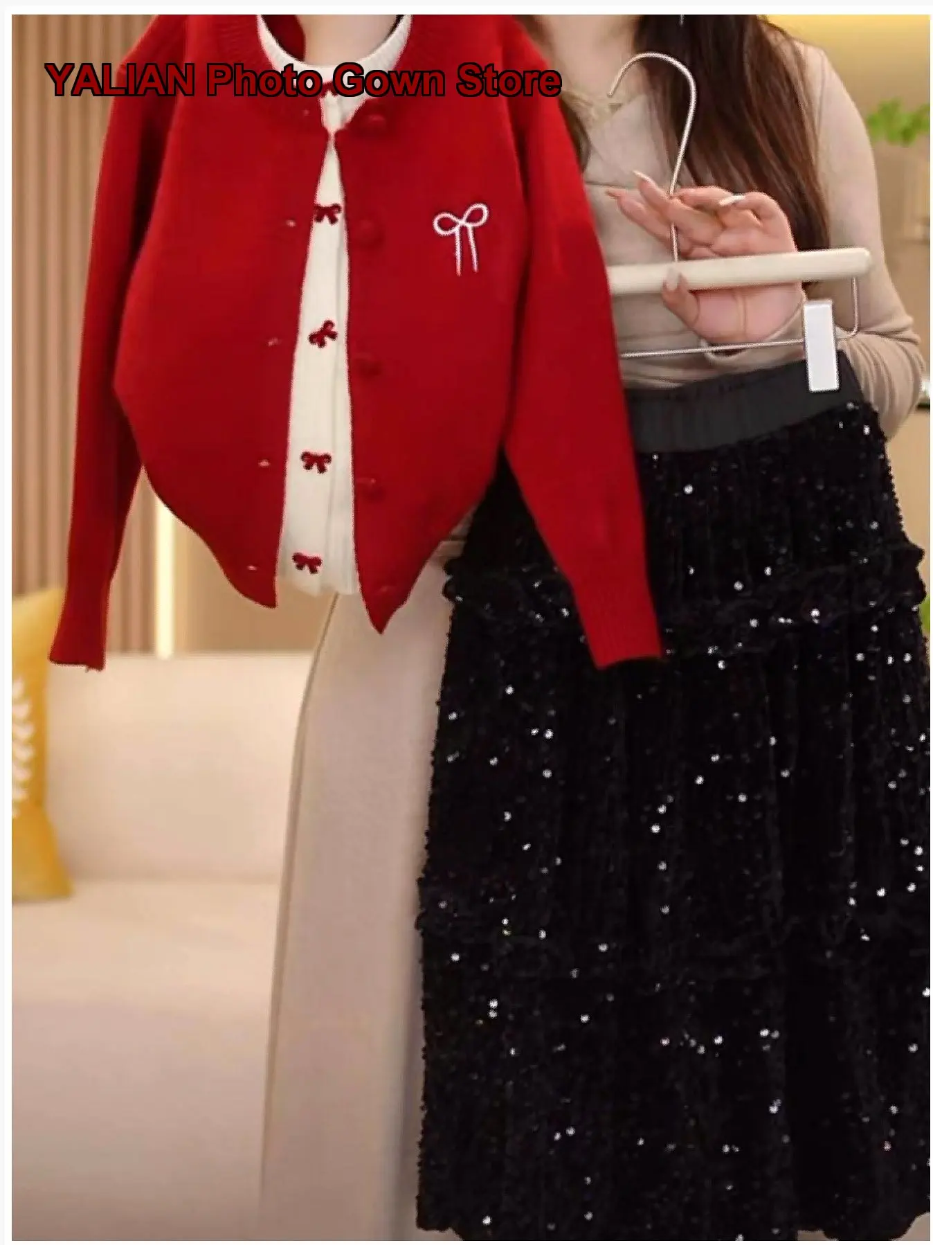 Girls Two-Piece Set Knit Cardigan Sequin Princess Skirt Half High Neck Two Piece Look
