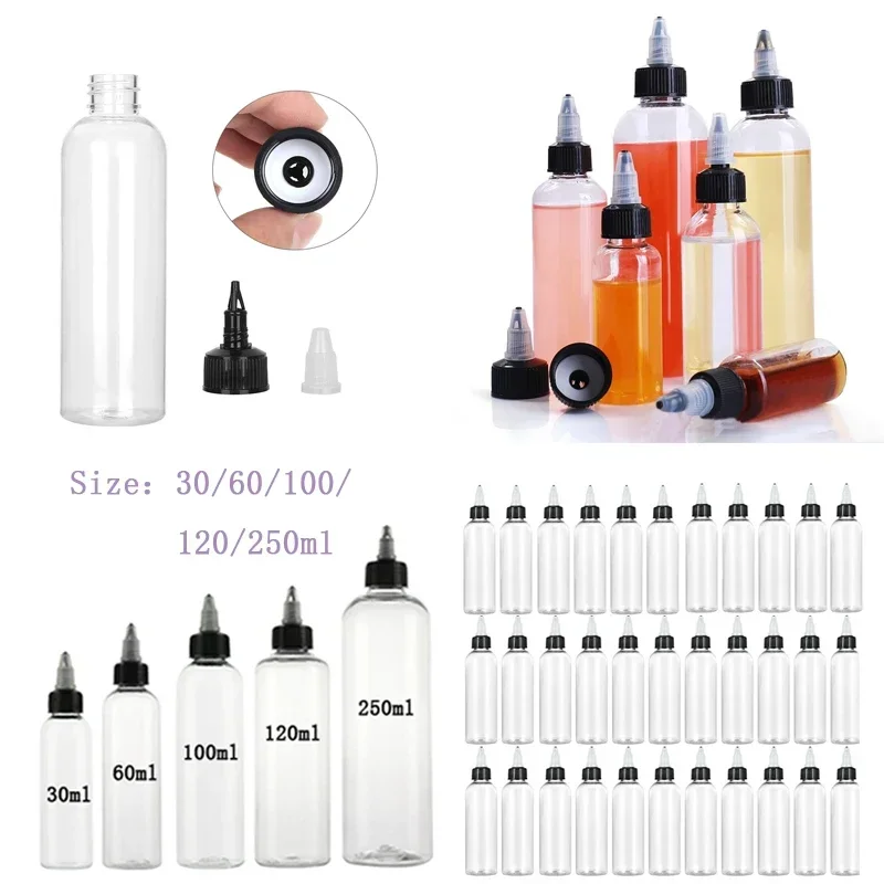 10 Buah 30Ml-120Ml Botol Pencet Plastik Bening dengan Tutup Putar Hitam Wadah Botol Penetes Perjalanan Kosong untuk Tinta Tato DIY