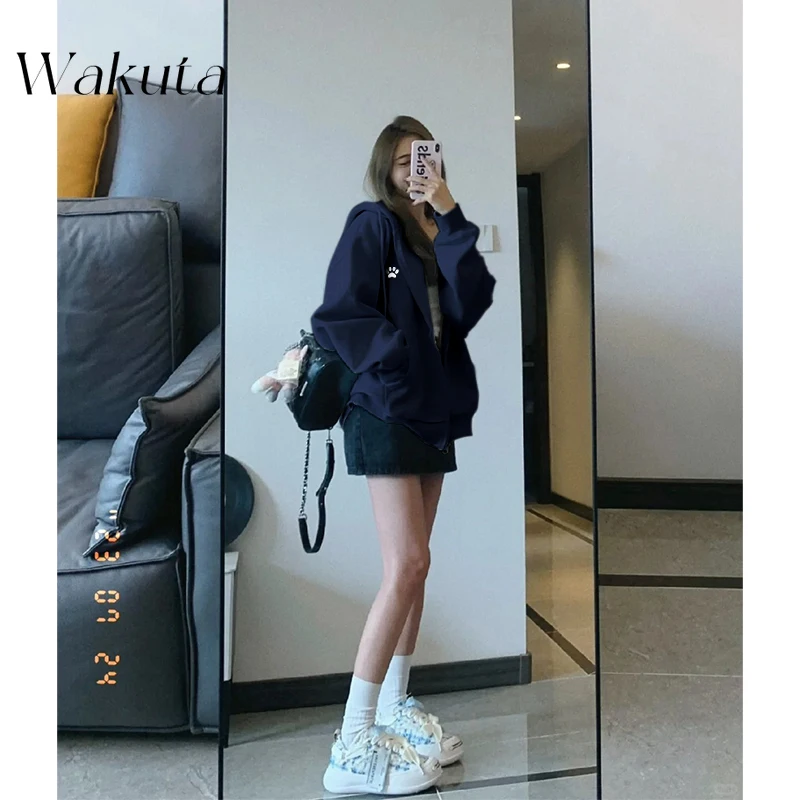 WAKUTA American Chic Round Neck Long Sleeve Hooded Sweater Fashion High Sense of Loose Versatile Casual Jacket Hoodies Women