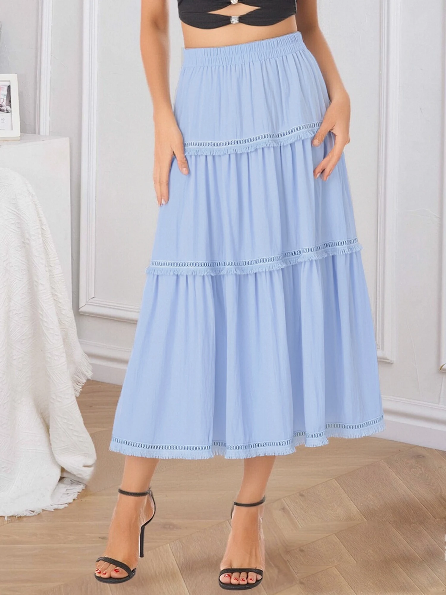 กระโปรงทรงเอเอวสูงผ้ายืดสำหรับผู้หญิง สไตล์สตรีทแวร์ เหมาะสำหรับใส่ไปเที่ยวทะเลช่วงฤดูร้อน