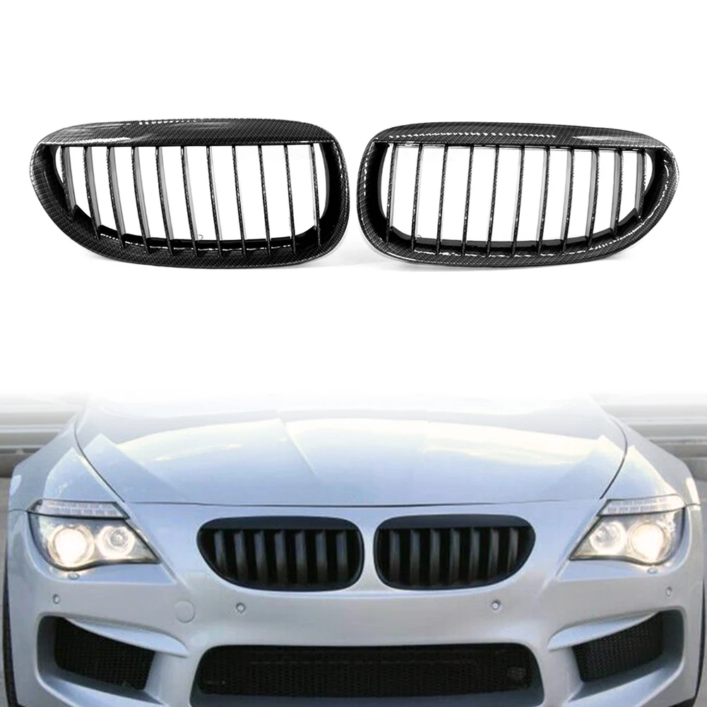 2x Carbon Fiber Pattern Car Front Kidney Bumper Grille For BMW E63 E64 650i 6 Series M6 2004 2005 2006 2007 2008 2009 2010