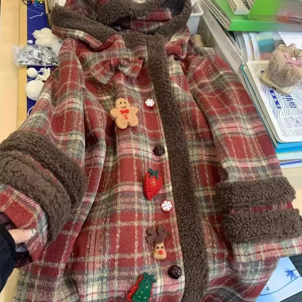 

Red Plaid Retro Woolen Coat Women's Thiened Lamb Velvet Mid-Length Winter Outerwear New Year's Special Faionable Coat