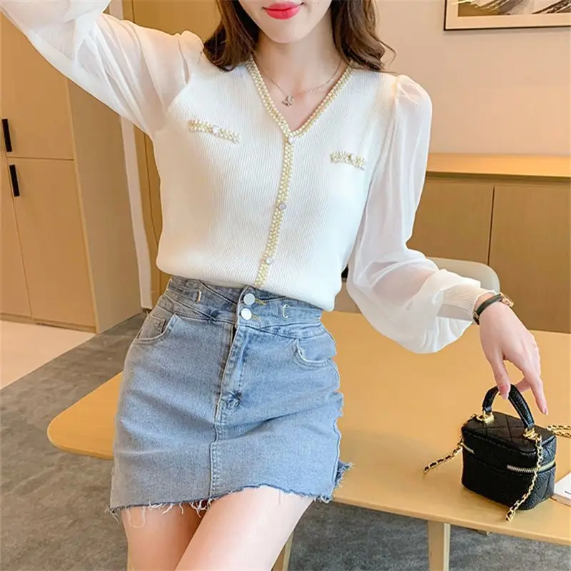 2024 New Fashion Design Light Luxury Knitwear Women's Spring/Summer Spliced Chiffon Bubble Sleeve Top Trendy