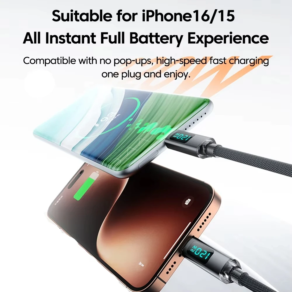 120W Digital Display Car Spring Charging Cord Retractable USB C To Type C Fast Charging Cable for iPhone 17 16 15 Pro Max Xiaomi