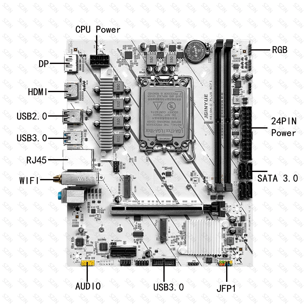 لوحة أم JGINYUE H610M على متن WIFI تدعم 12/13/14th Intel CPU DDR4 ثنائي القناة مع لوحة أم WIFI Giming 9560NGW