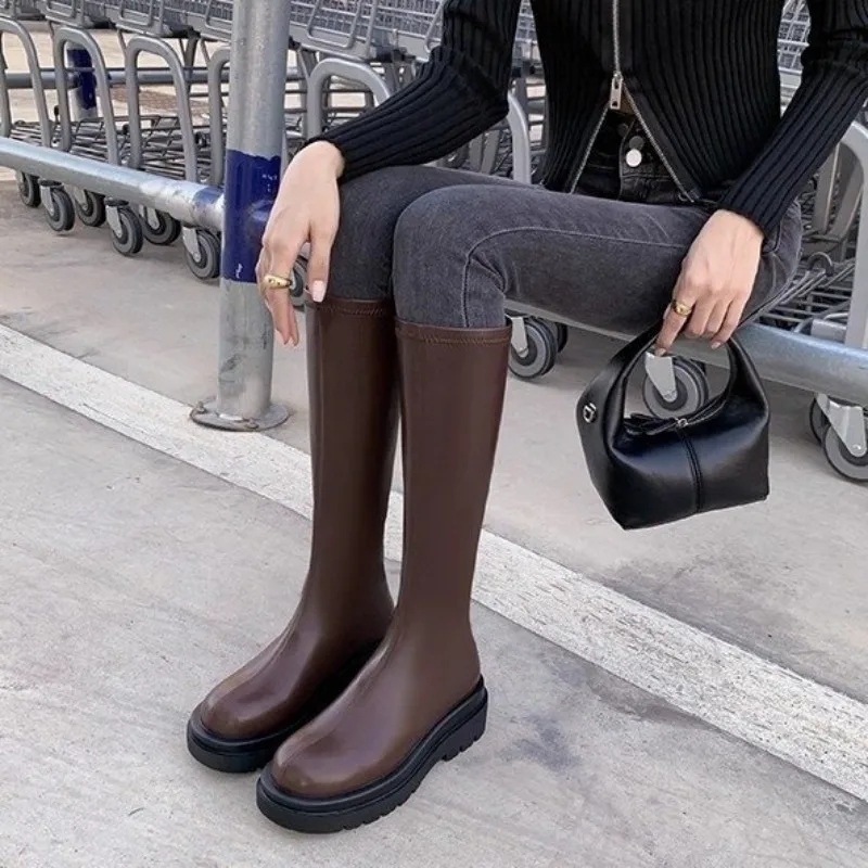 Herbst/Winter Neue Stiefeletten Damen Koreanischer Stil Leder Rundzehenstiefel Halbhohe Stiefel mit Dickem Absatz Hohe Kavallerie-Stiefel – Detail 8