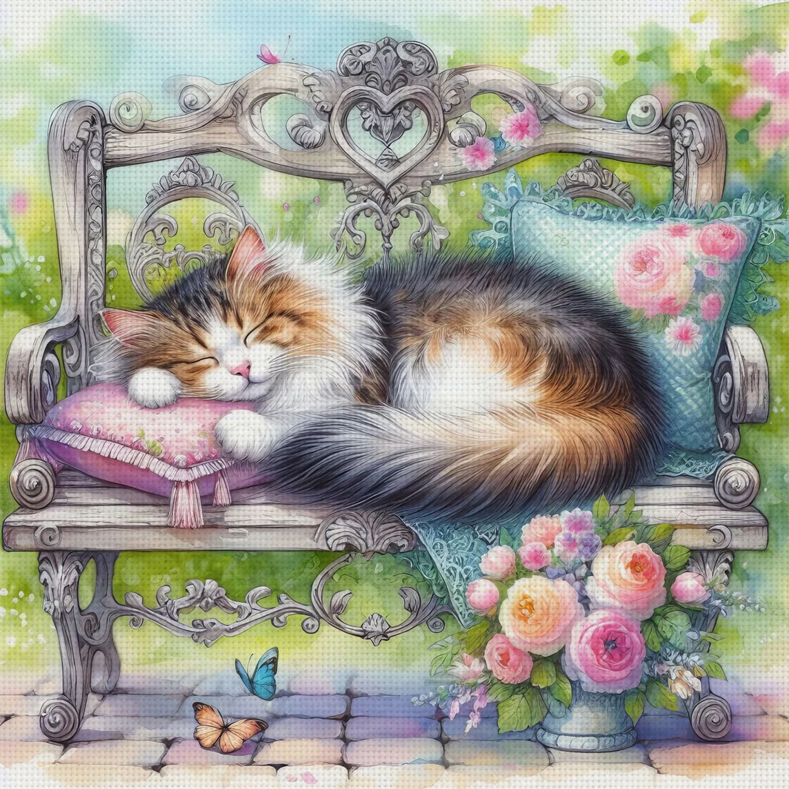 Lazy Spring Cat Kreuzstich-Set zum Selbermachen, 11CT, Stickerei, Heimwanddekoration, Geschenk, handgefertigtes Material, rahmenlos, halbfertig, 36 x 36 cm