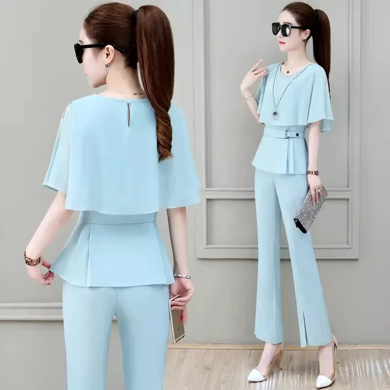 Early Spring Fashion Chiffon Set Women's 2024 New Summer Dress Waist Slimming Fashion Bell Bottoms Two-piece Suit Lady