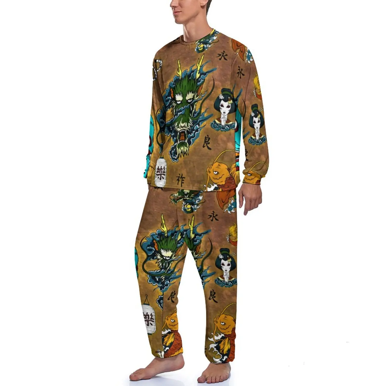 Cartoon Dragon Pajamas Men Japanese Theme Print Fashion Home Suit Autumn Long Sleeves 2 Pieces Night Graphic Pajama Sets