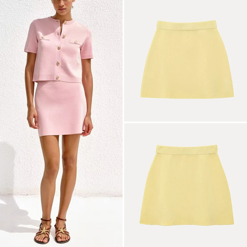 

Faionable mat Knitted Skirt for Women High Waist A-Line Pure Color Polyester Fiber 2025 Summer New Arrival