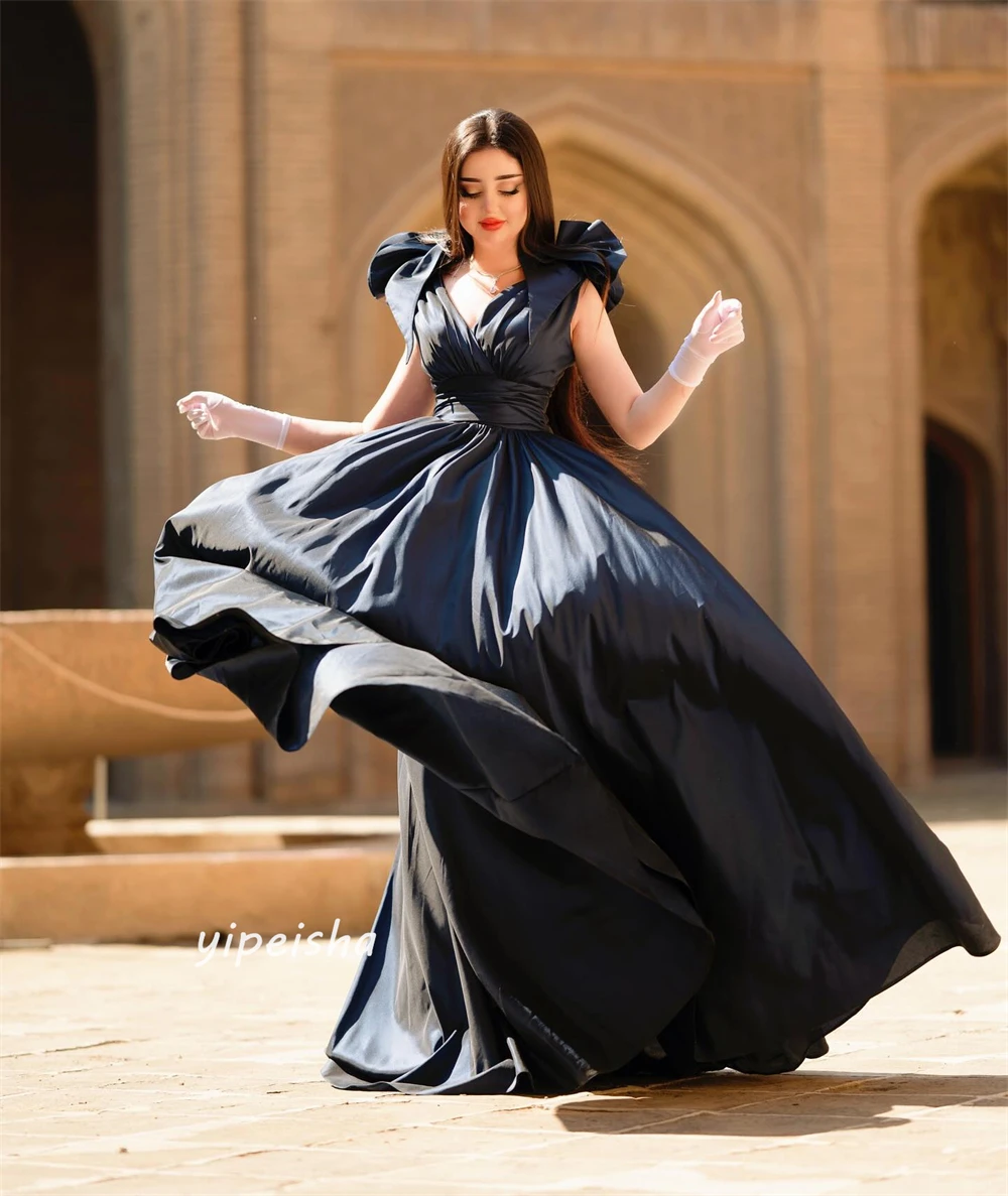 Prom Dress Saudi Arabia Simple Modern Style Formal Evening V-Neck A-line Draped Flowers Satin Bespoke Occasion Dresses