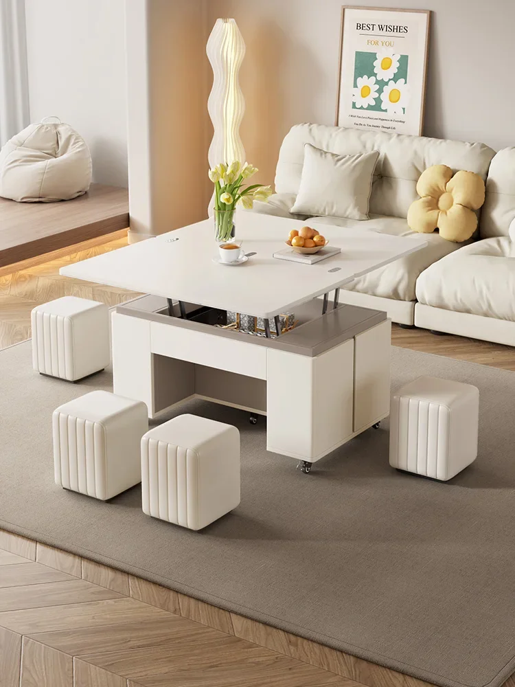 

Multifunctional lifting and folding coffee table, cream style, household living room table, simple modern rock board dining tabl