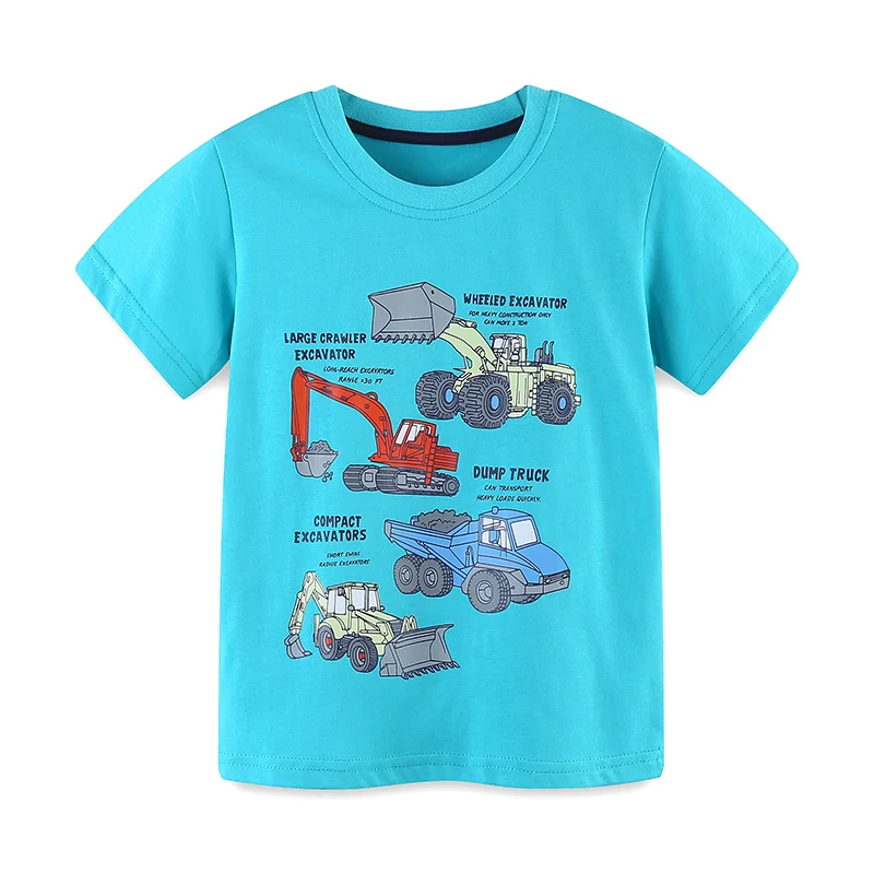 Summer Boys Short Sleeved T-Shirt Knitted Cotton Fashion Cartoon Excavator Round Neck Pullover Sweatshirt 2-7Y