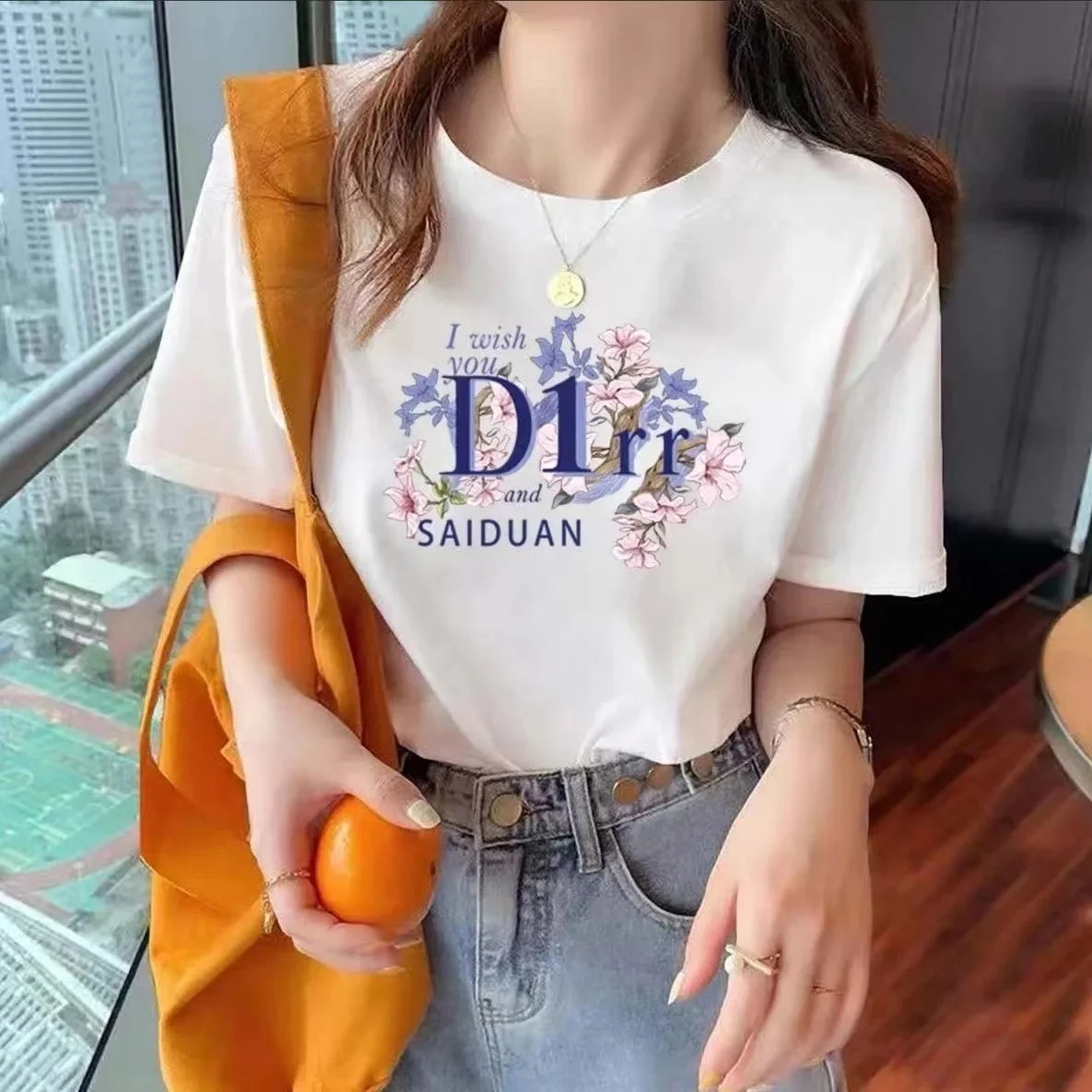 

2024 New Quality Pure Cotton Short Sleeved Versatile T-shirt for Women Loose Simple Round Neck Printed Short Sleeved T-shirt Tee