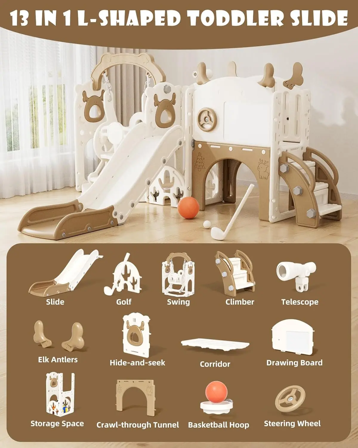 13-in-1 Toddler Slide and Swing Set, Kids Slide for Toddlers Age 1+, Toddler Outdoor Playset New Upgrade with Golf Set, Basketba