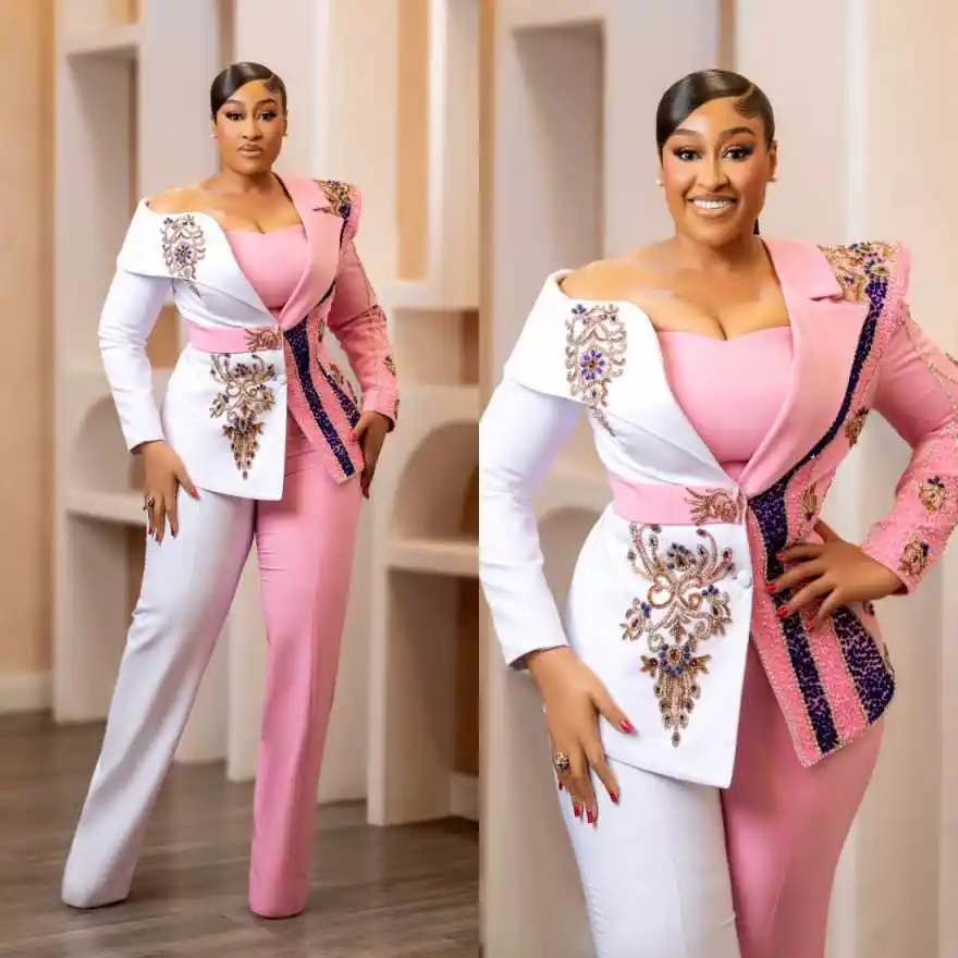 

Fashion Splicing Women's Suit 2 Piece Jacket Pants Beaded Crystal Diamond Formal Occasion Party Prom Banquet Customized