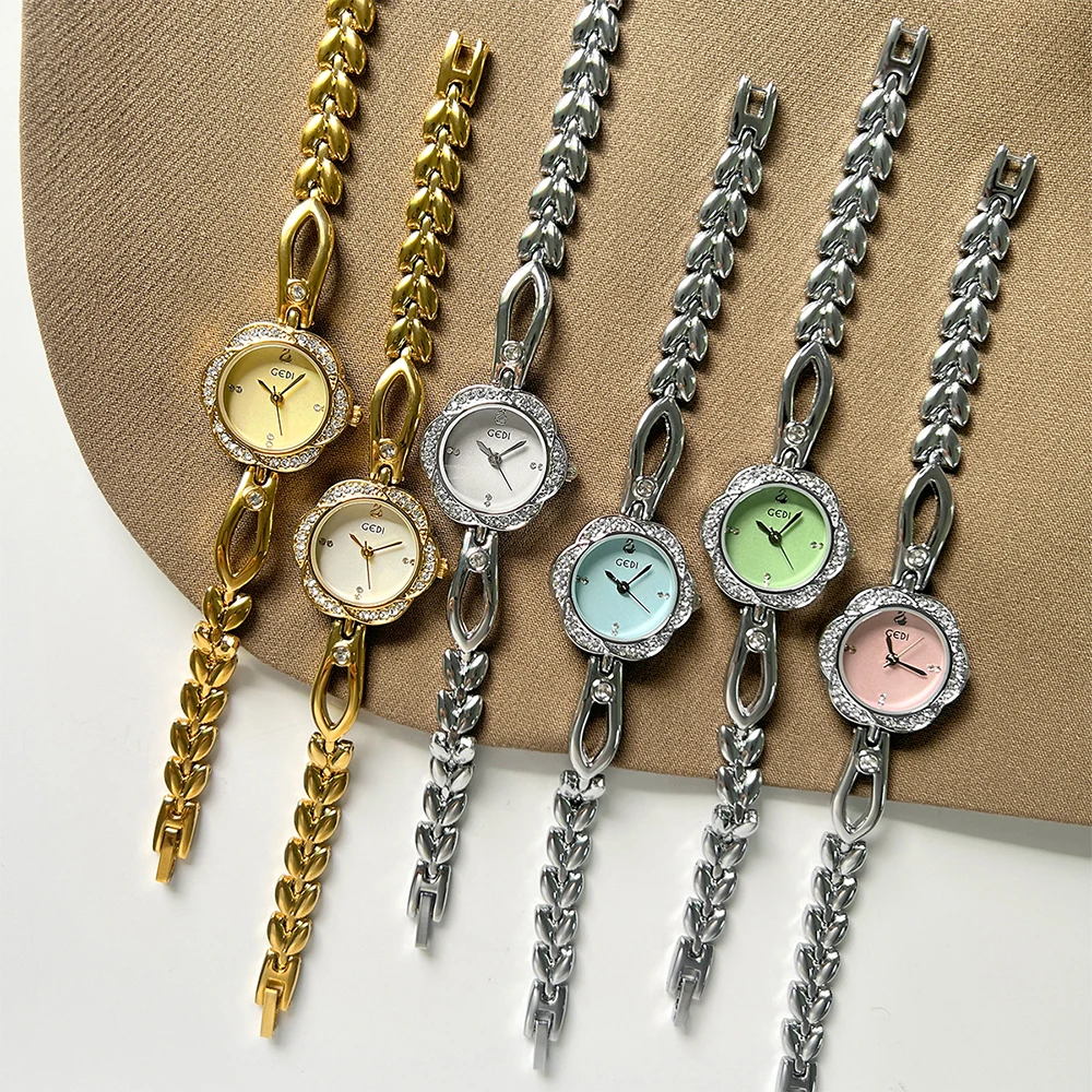 GEDI 腕時計女性のためのひまわり色のダイヤルクォーツ女性の腕時計ゴールドシルバーファッションライト高級腕時計女性ギフト