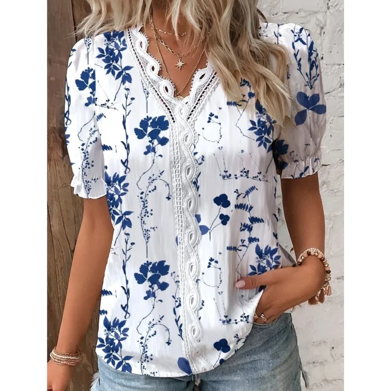 Summer V-neck Lace Patchwork Printed Shirt For Women 2024 Elegant Office Lady Short Sleeve Flower Print Pullover Blouses Femme